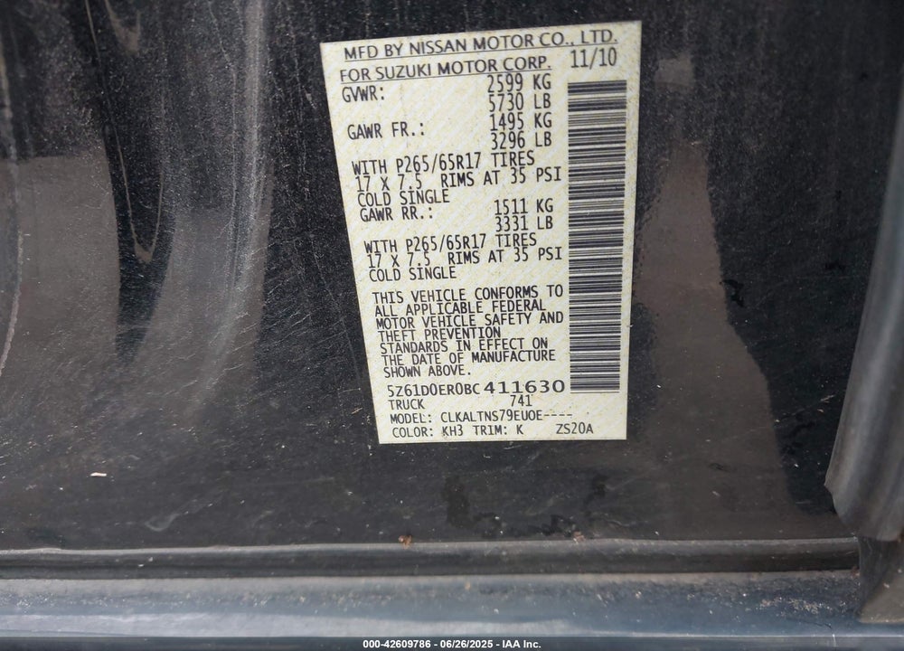 2011 SUZUKI EQUATOR VIN: 5Z61D0ER0BC411630