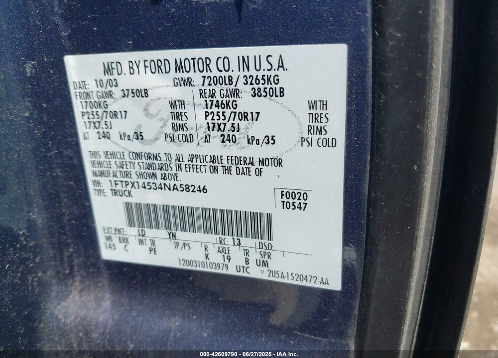 2004 FORD F-150 FX4/LARIAT/XL/XLT VIN: 1FTPX14534NA58246