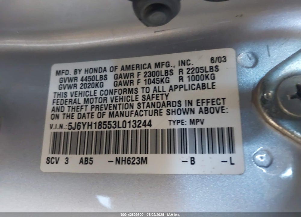 2003 HONDA ELEMENT VIN: 5J6YH18553L013244