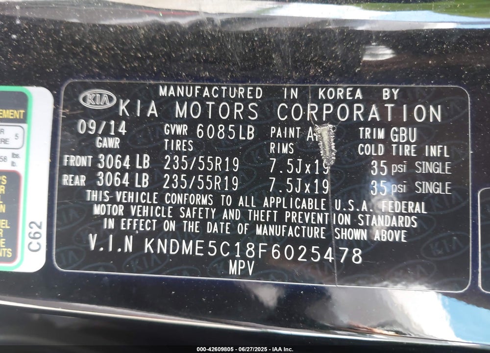 2015 KIA SEDONA SX LUXURY VIN: KNDME5C18F6025478