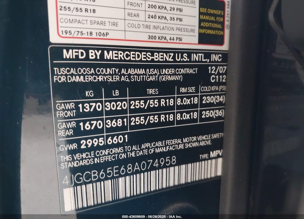 2008 MERCEDES-BENZ R 350 4MATIC VIN: 4JGCB65E68A074958