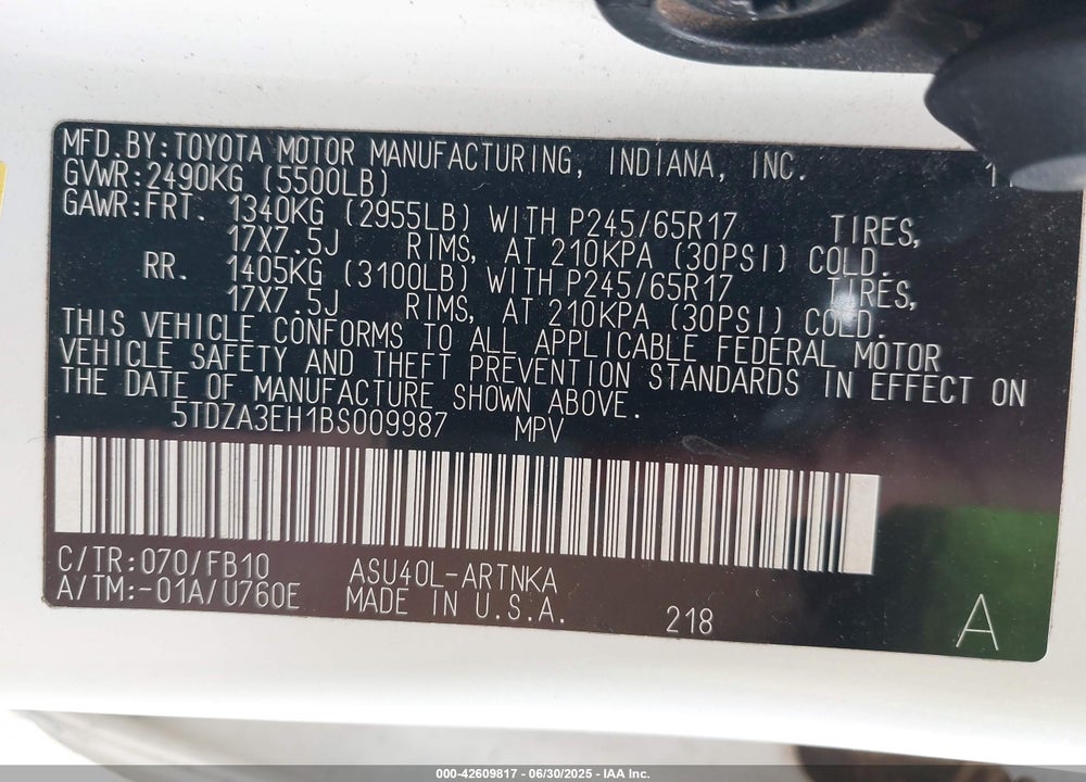 2011 TOYOTA HIGHLANDER VIN: 5TDZA3EH1BS009987