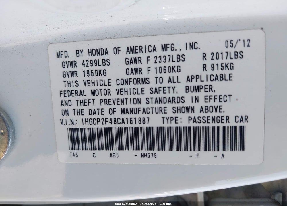 2012 HONDA ACCORD VIN: 1HGCP2F48CA161887