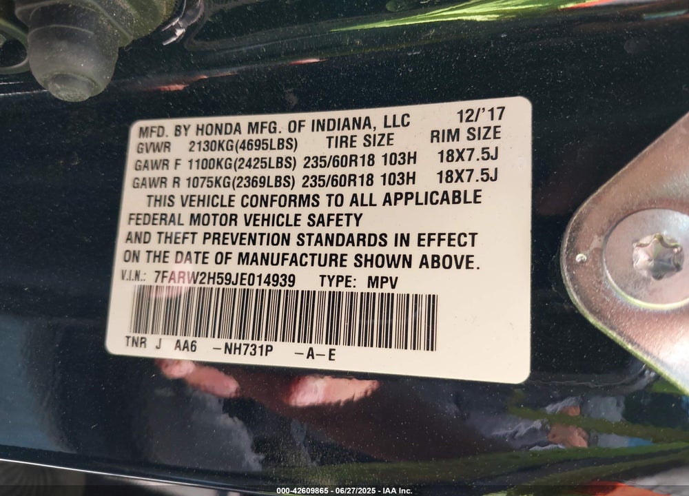 2018 HONDA CR-V VIN: 7FARW2H59JE014939