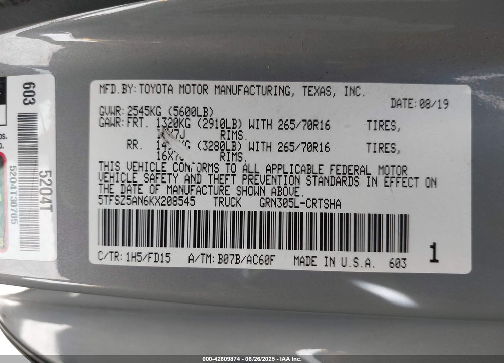 2019 TOYOTA TACOMA VIN: 5TFSZ5AN6KX208545