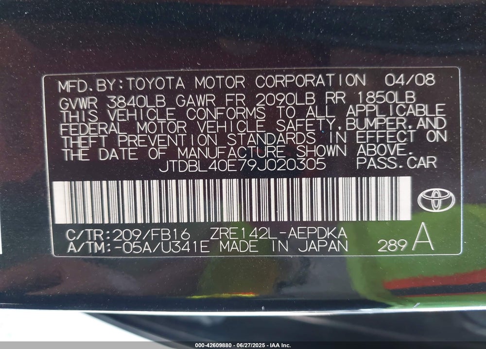2009 TOYOTA COROLLA VIN: JTDBL40E79J020305