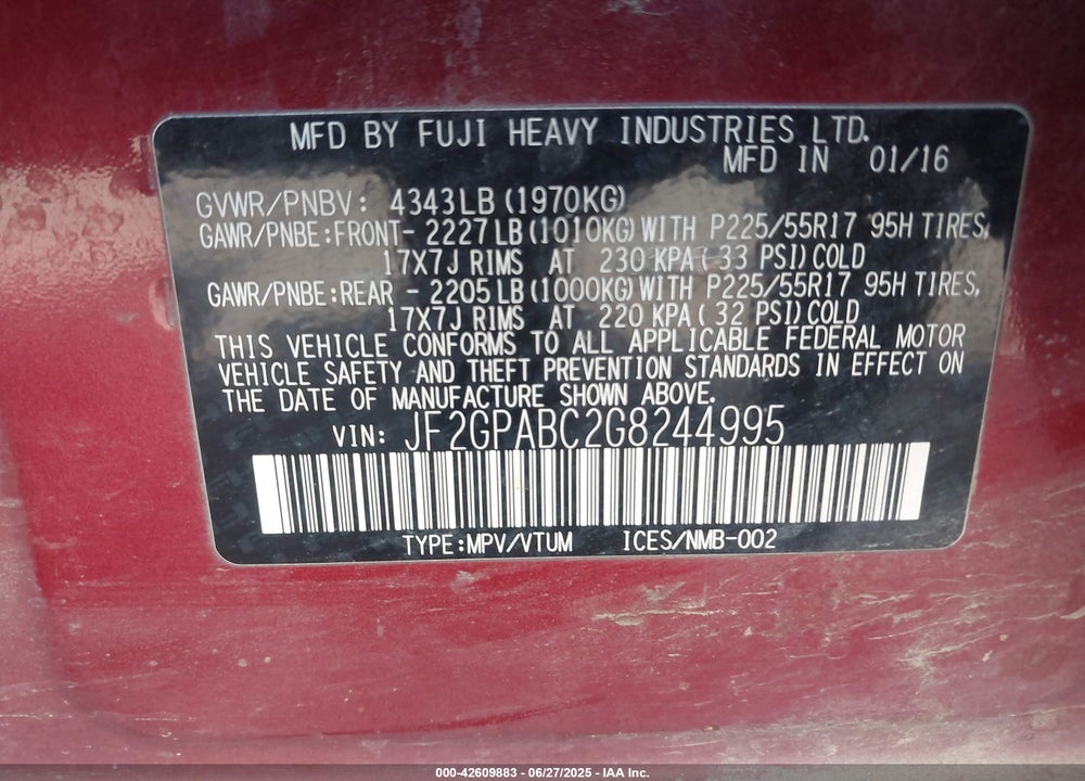 2016 SUBARU CROSSTREK VIN: JF2GPABC2G8244995