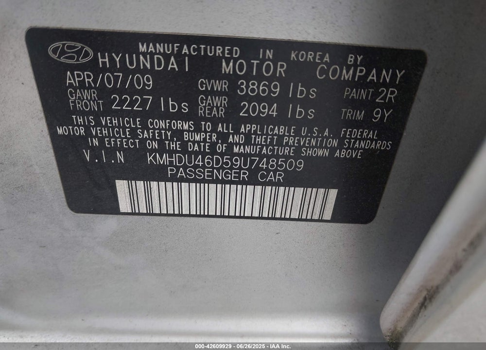 2009 HYUNDAI ELANTRA VIN: KMHDU46D59U748509