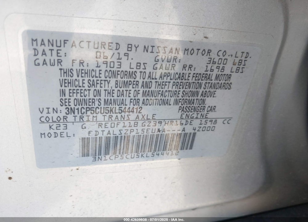 2019 NISSAN KICKS VIN: 3N1CP5CU5KL544412
