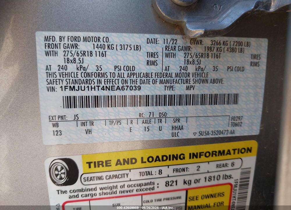 2022 FORD EXPEDITION VIN: 1FMJU1HT4NEA67039