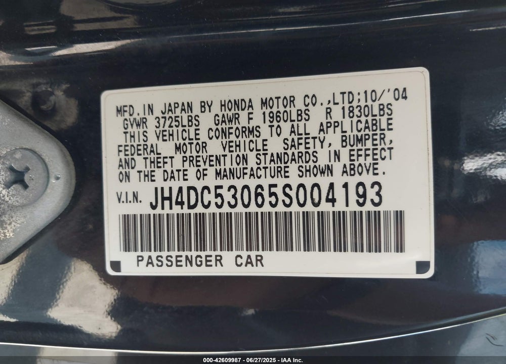 2005 ACURA RSX TYPE-S VIN: JH4DC53065S004193