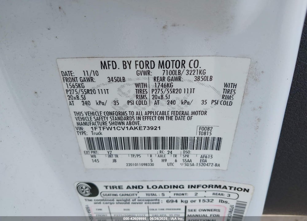 2010 SPORT FORD F-150 FX2 /HARLEY-DAVIDSON/KING RANCH/LARIAT/PLATINUM/XL/XLT VIN: 1FTFW1CV1AKE73921