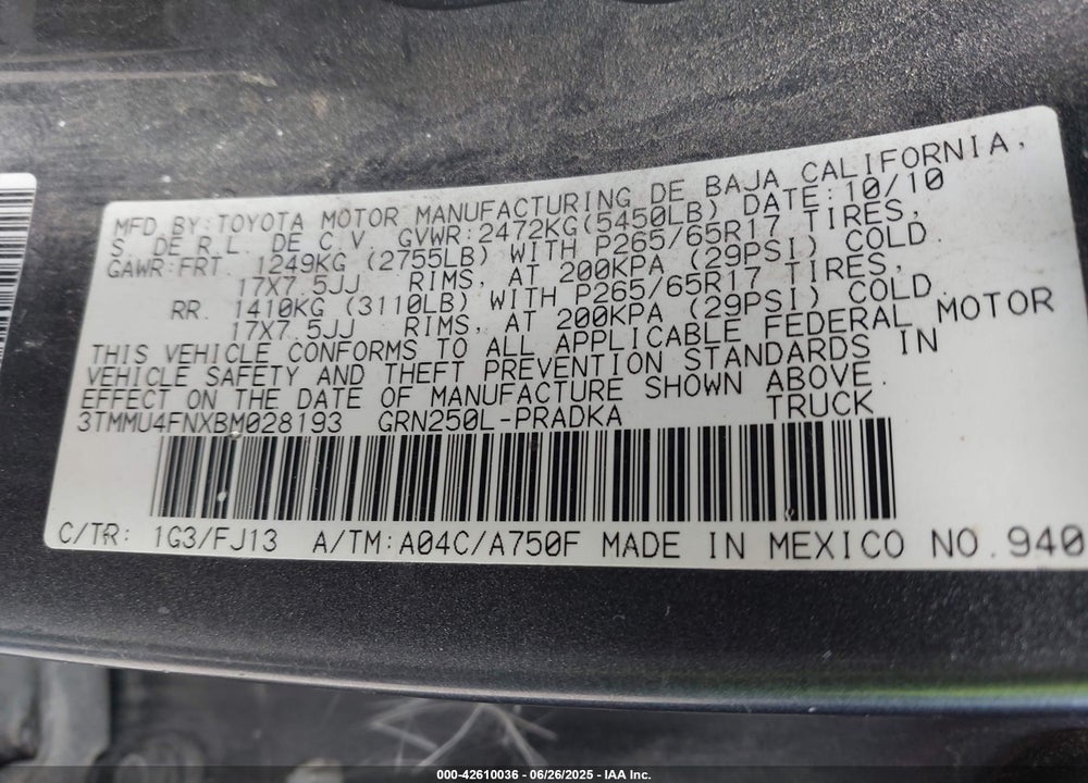 2011 TOYOTA TACOMA BASE V6 VIN: 3TMMU4FNXBM028193