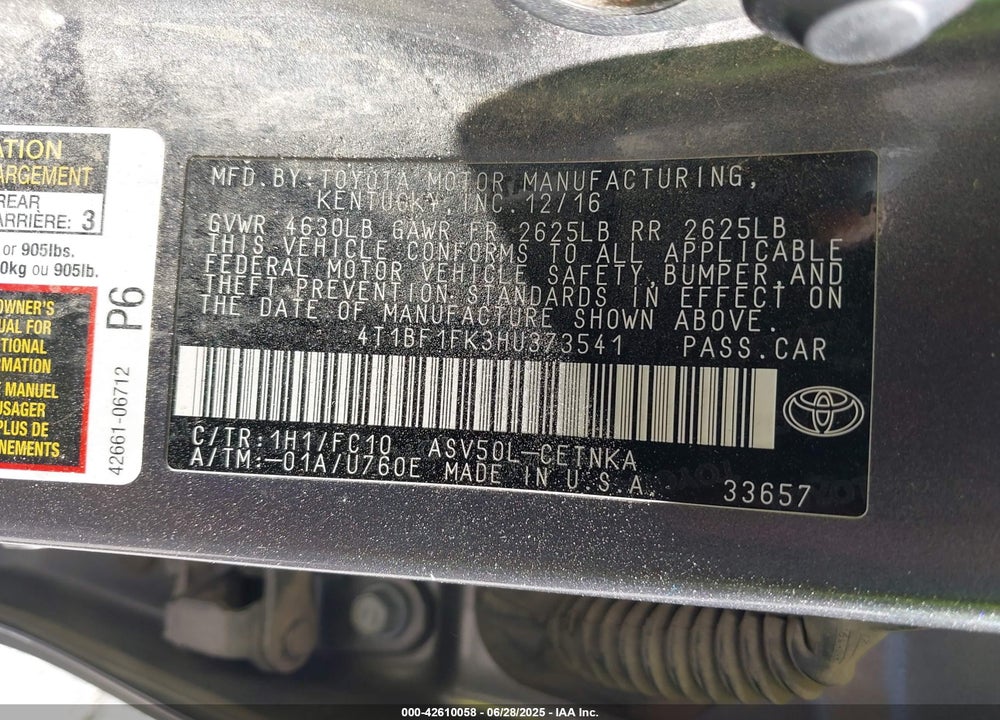 2017 TOYOTA CAMRY LE VIN: 4T1BF1FK3HU373541