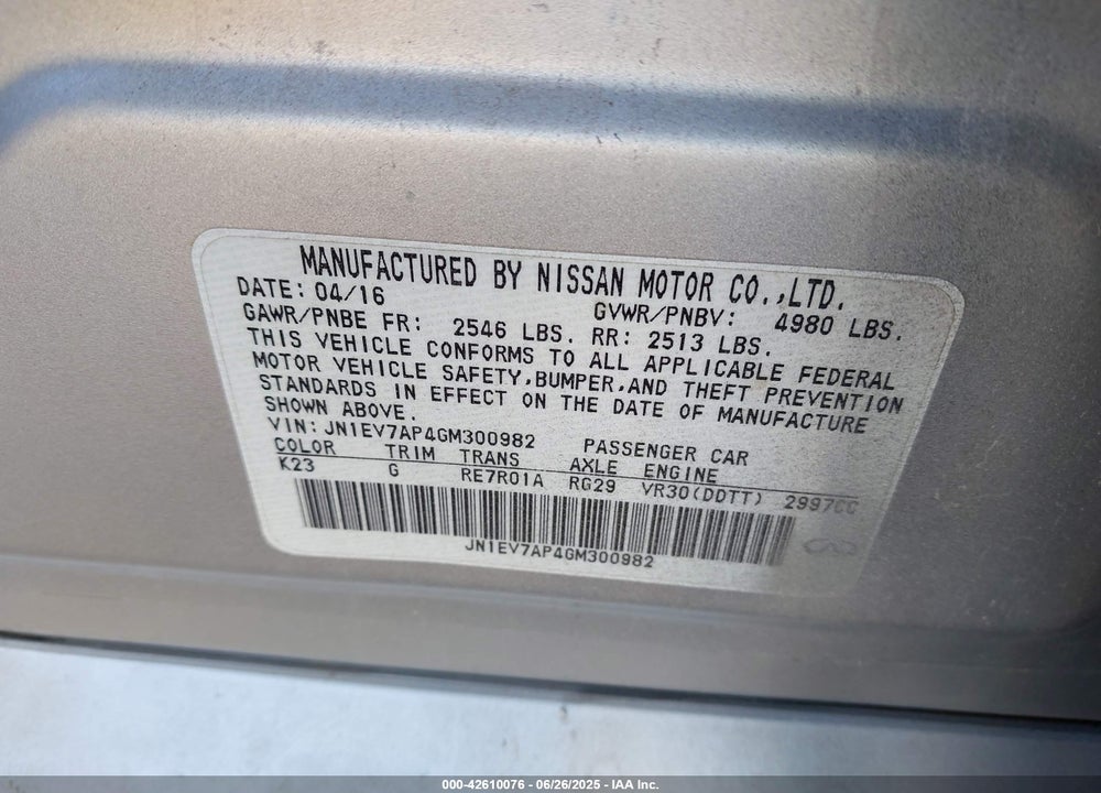 2016 INFINITI Q50 VIN: JN1EV7AP4GM300982