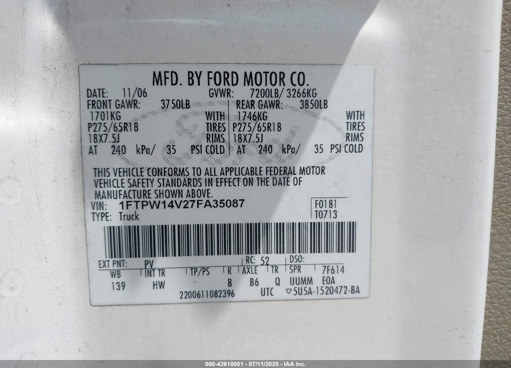 2007 FORD F-150 FX4/KING RANCH/LARIAT/XLT VIN: 1FTPW14V27FA35087