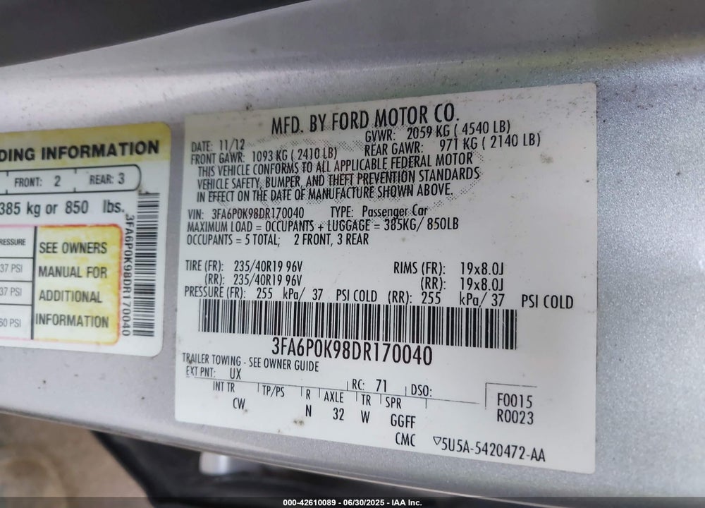 2013 FORD FUSION TITANIUM VIN: 3FA6P0K98DR170040