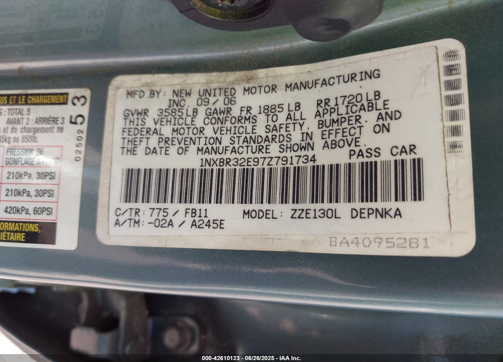 2007 TOYOTA COROLLA VIN: 1NXBR32E97Z791734