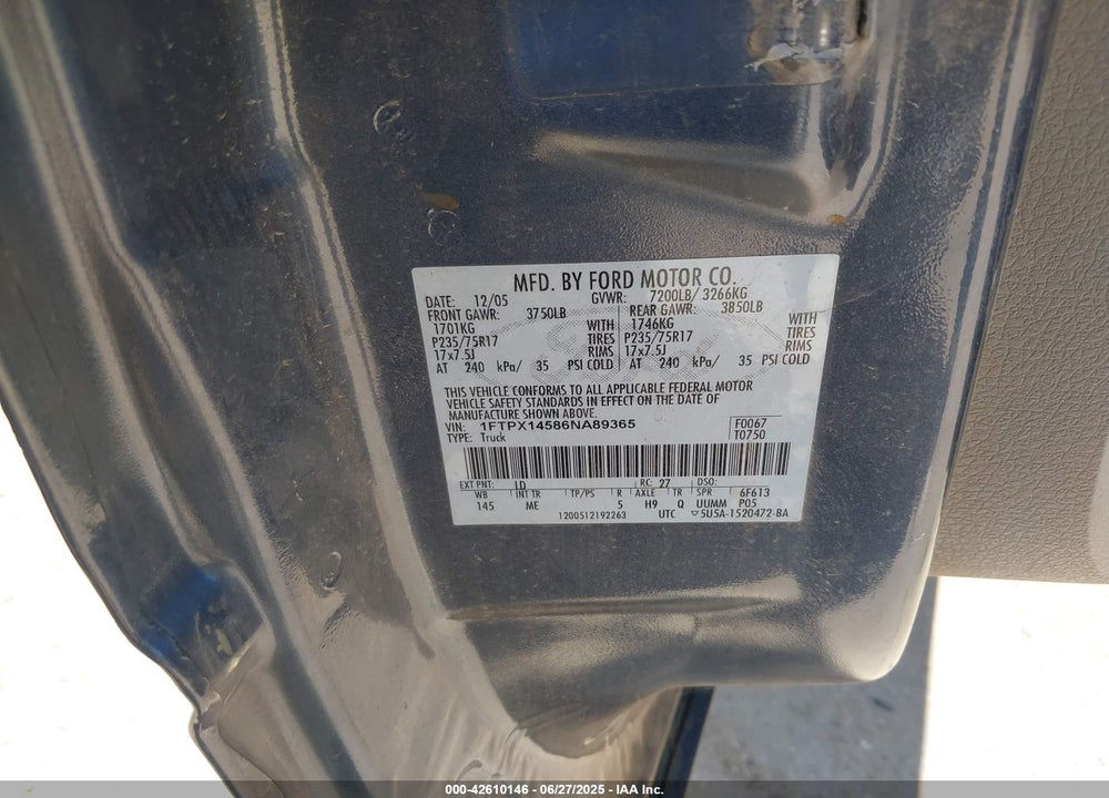 2006 FORD F-150 VIN: 1FTPX14586NA89365