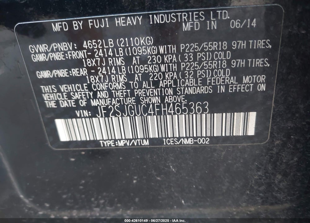 2015 SUBARU FORESTER VIN: JF2SJGUC4FH465363