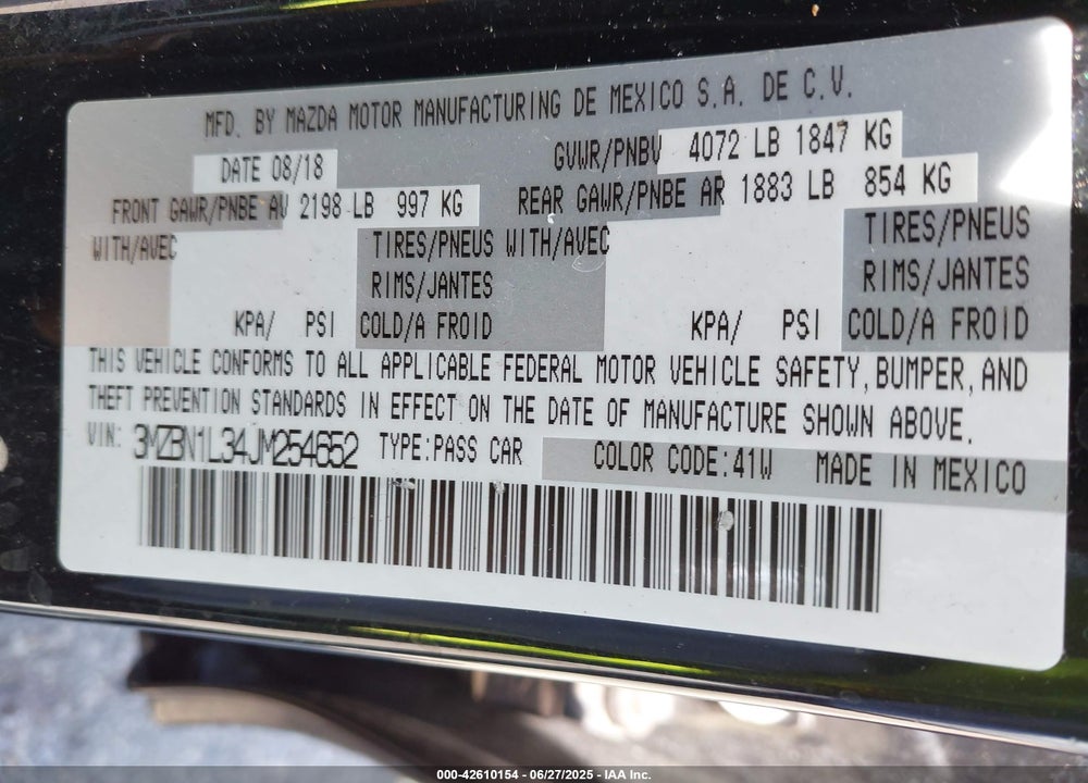 2018 MAZDA 3 VIN: 3MZBN1L34JM254652