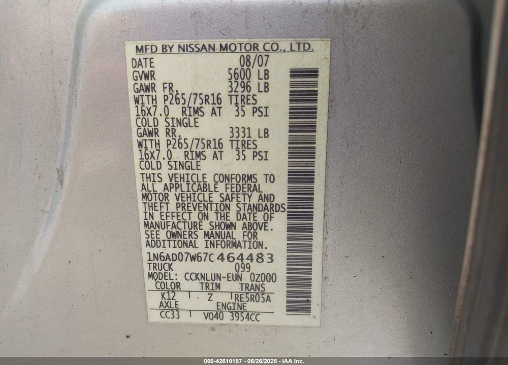 2007 NISSAN FRONTIER VIN: 1N6AD07W67C464483