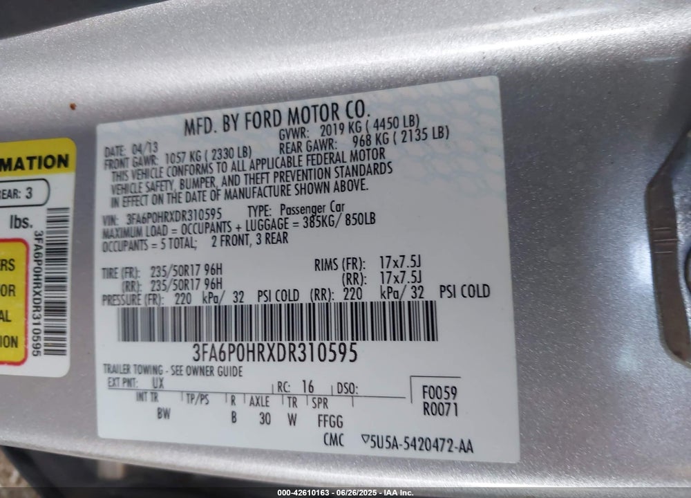 2013 FORD FUSION VIN: 3FA6P0HRXDR310595