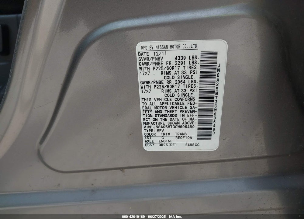 2012 NISSAN ROGUE VIN: JN8AS5MT3CW606480