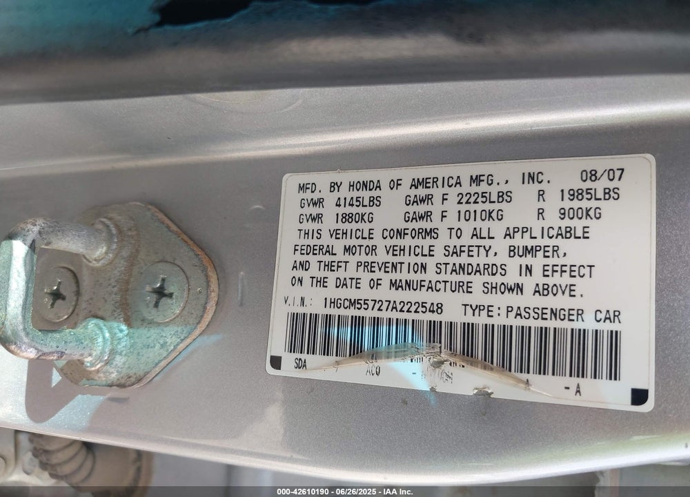 2007 HONDA ACCORD VIN: 1HGCM55727A222548