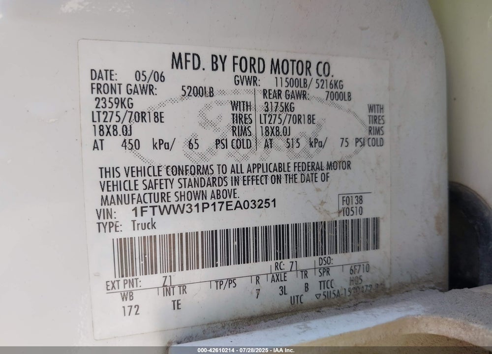 2007 FORD F-350 LARIAT/XL/XLT VIN: 1FTWW31P17EA03251
