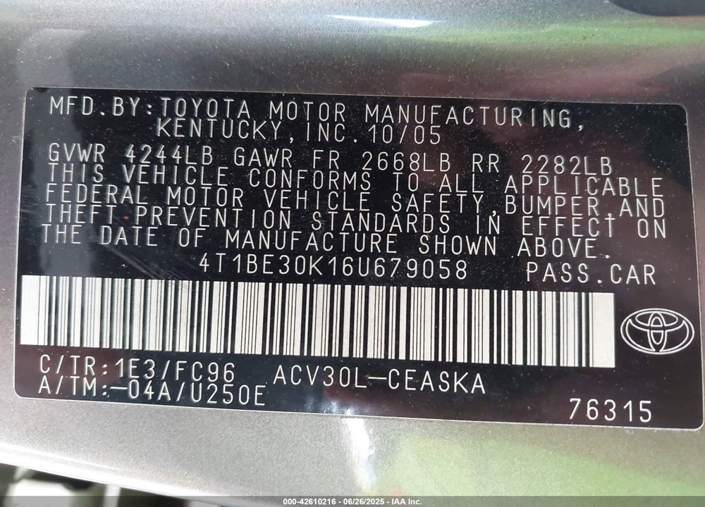 2006 TOYOTA CAMRY VIN: 4T1BE30K16U679058