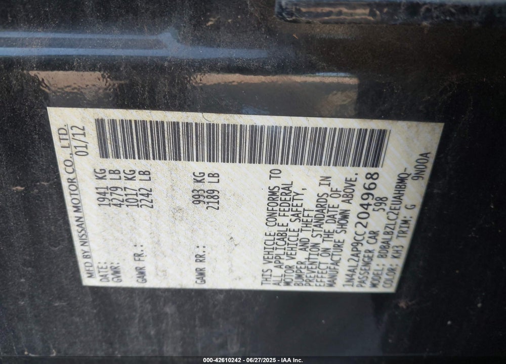 2012 NISSAN ALTIMA 2.5 S VIN: 1N4AL2AP9CC204968