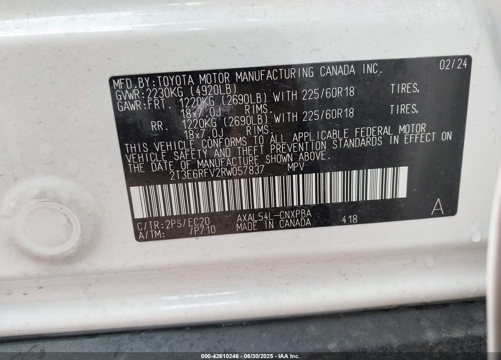 2024 TOYOTA RAV4 HYBRID VIN: 2T3E6RFV2RW057837
