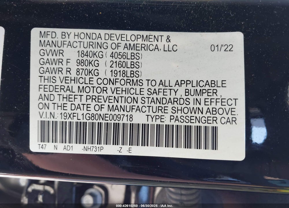 2022 HONDA CIVIC VIN: 19XFL1G80NE009718