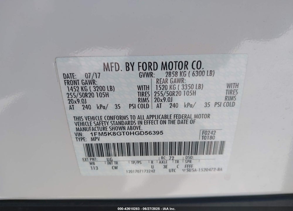 2017 FORD EXPLORER VIN: 1FM5K8GT0HGD56395