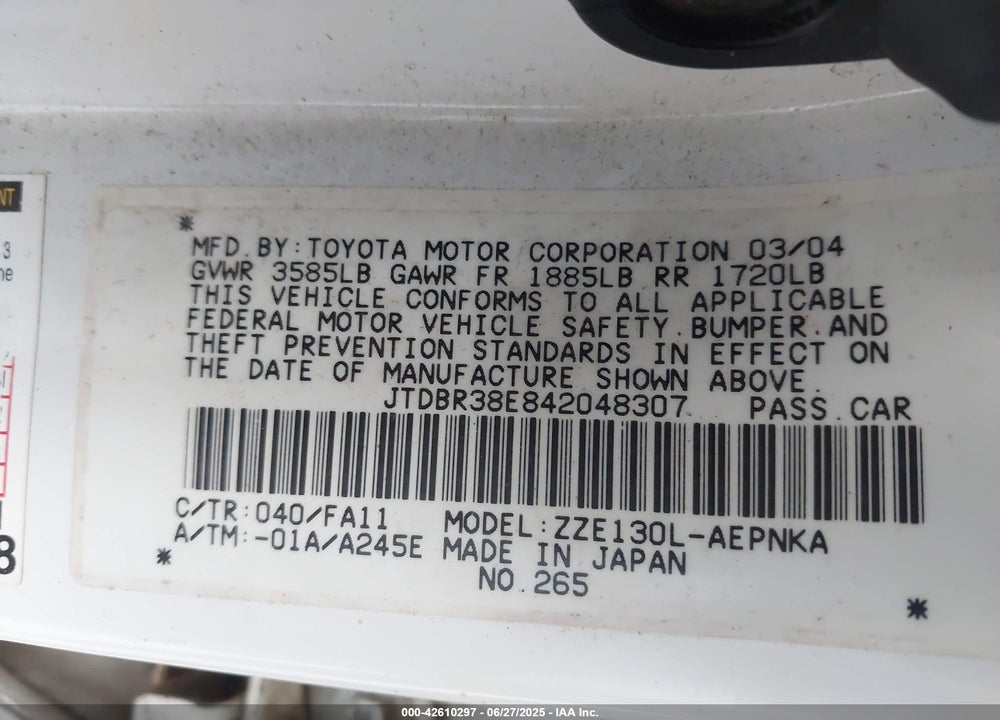 2004 TOYOTA COROLLA LE VIN: JTDBR38E842048307