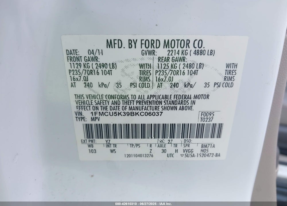 2011 FORD ESCAPE HYBRID VIN: 1FMCU5K39BKC06037