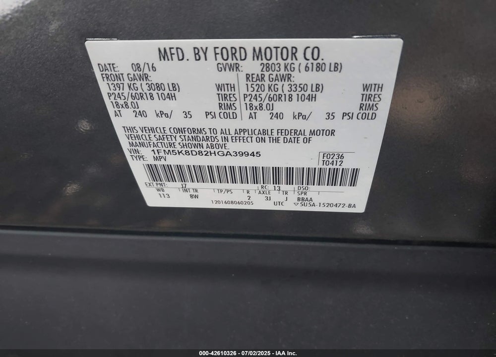 2017 FORD EXPLORER VIN: 1FM5K8D82HGA39945
