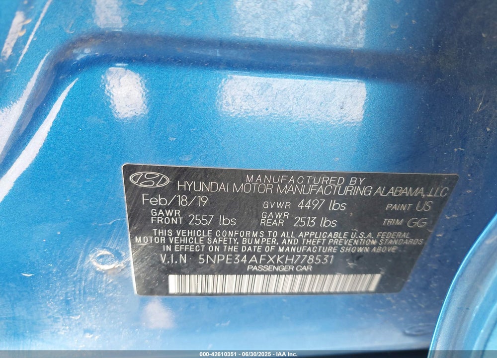 2019 HYUNDAI SONATA VIN: 5NPE34AFXKH778531