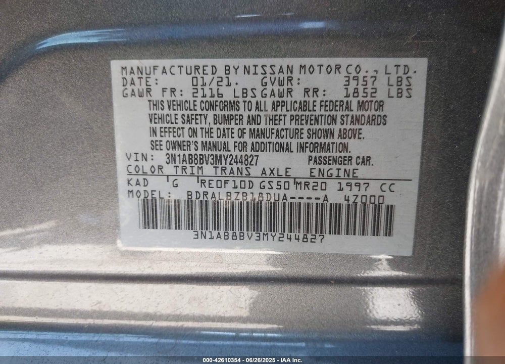2021 NISSAN SENTRA VIN: 3N1AB8BV3MY244827