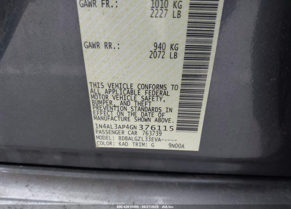 2016 NISSAN ALTIMA VIN: 1N4AL3AP4GN376115