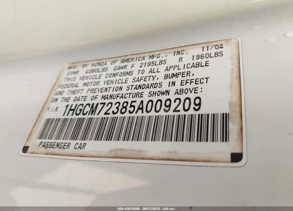 2005 HONDA ACCORD 2.4 LX VIN: 1HGCM72385A009209