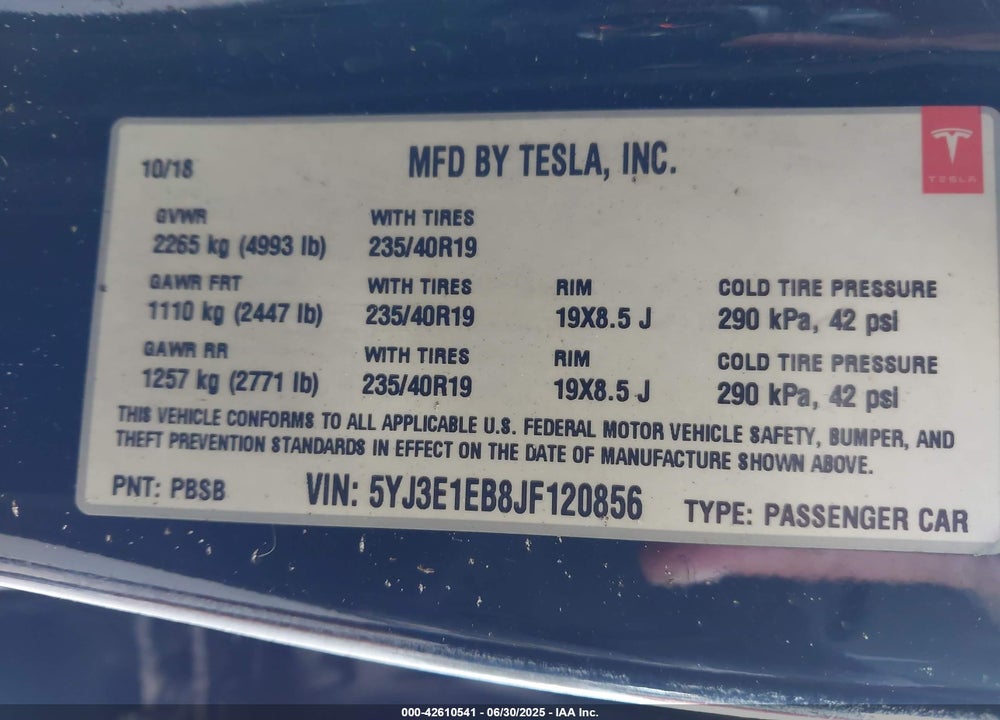 2018 TESLA MODEL 3 VIN: 5YJ3E1EB8JF120856