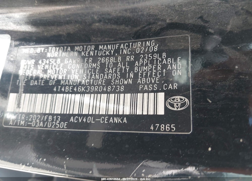 2009 TOYOTA CAMRY VIN: 4T4BE46K39R048738