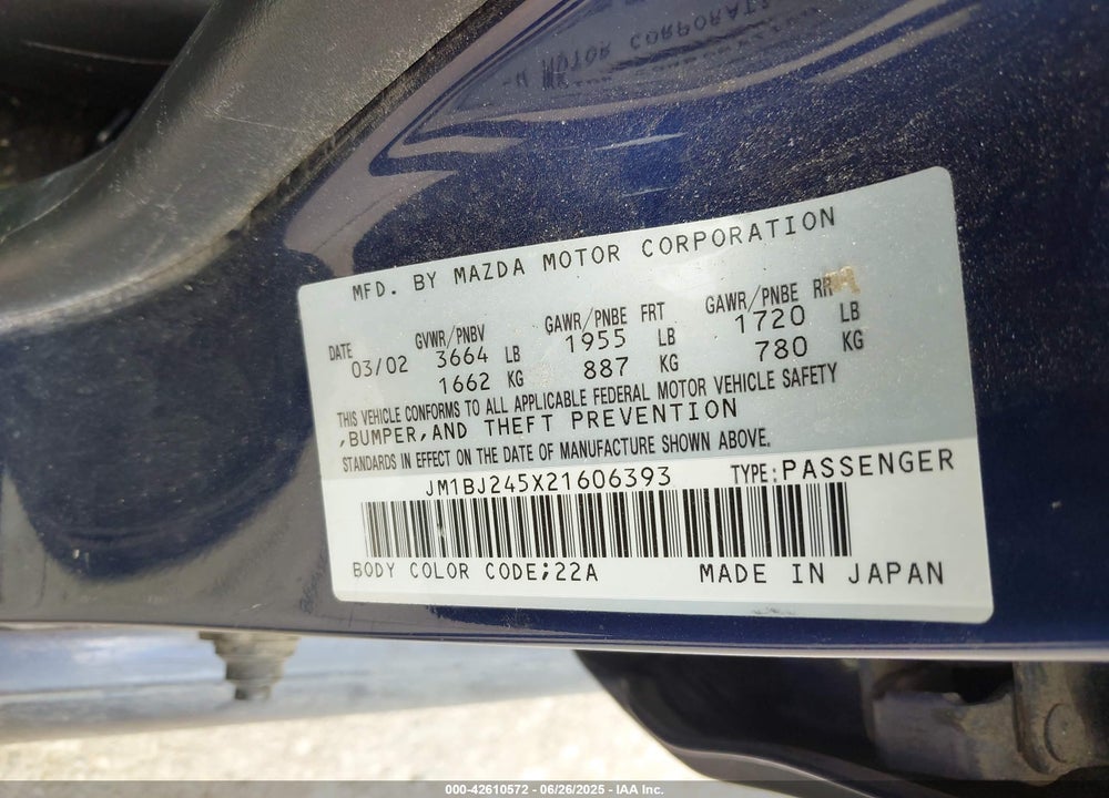 2002 MAZDA PROTEGE5 VIN: JM1BJ245X21606393