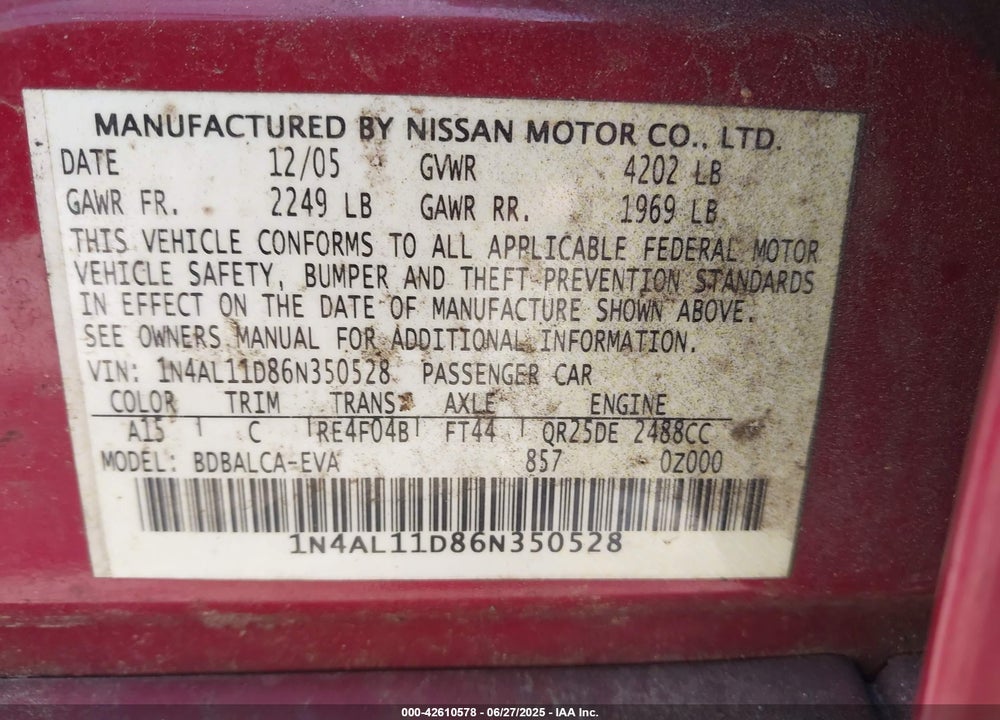 2006 NISSAN ALTIMA VIN: 1N4AL11D86N350528