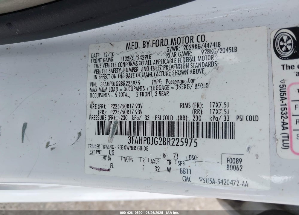 2011 FORD FUSION VIN: 3FAHP0JG2BR225975