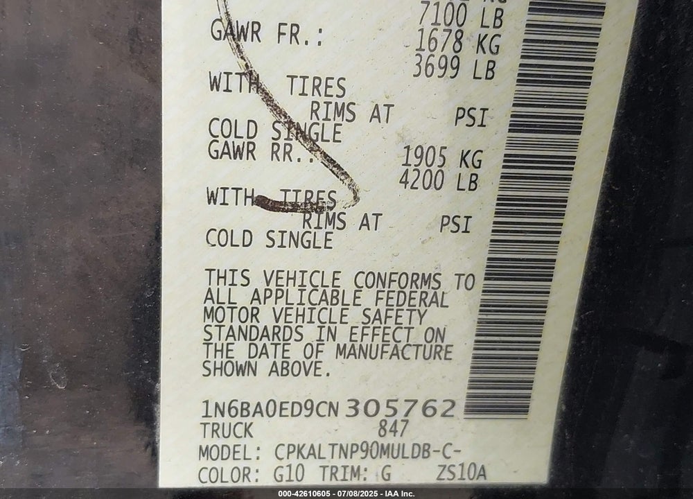 2012 NISSAN TITAN VIN: 1N6BA0ED9CN305762