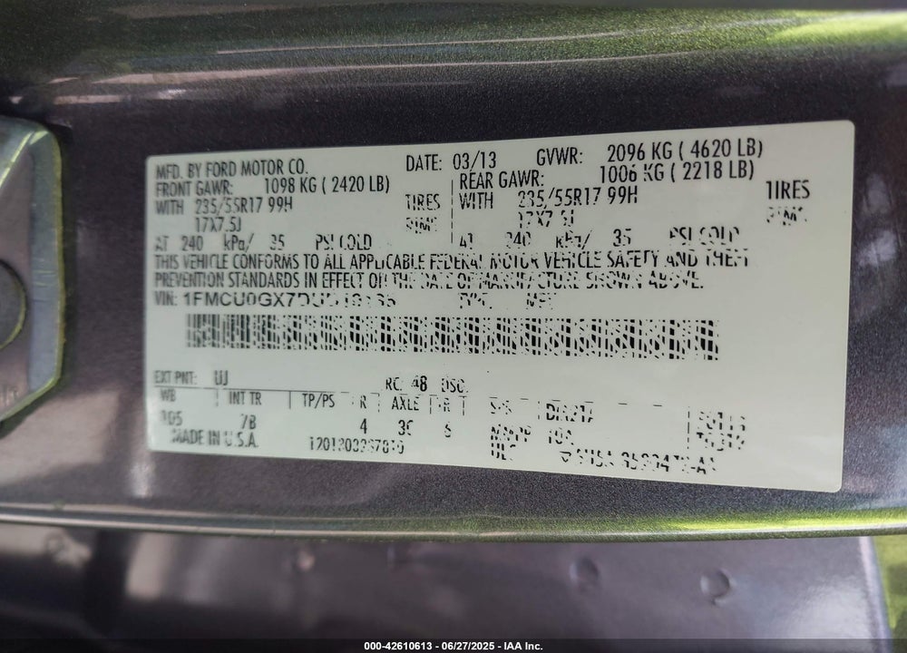 2013 FORD ESCAPE VIN: 1FMCU0GX7DUD19135