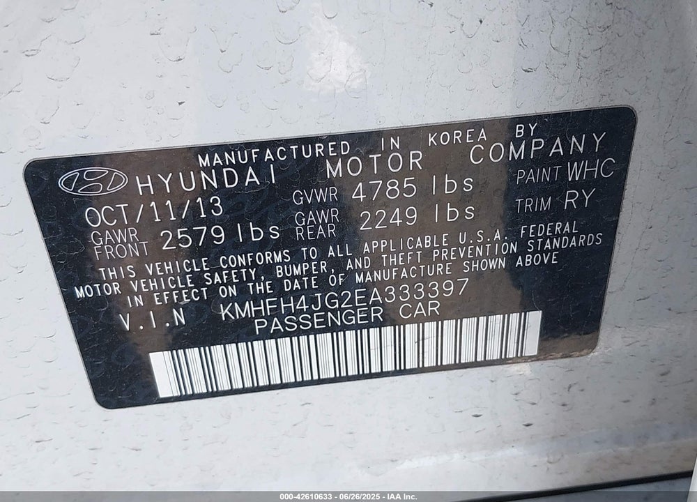 2014 HYUNDAI AZERA LIMITED VIN: KMHFH4JG2EA333397